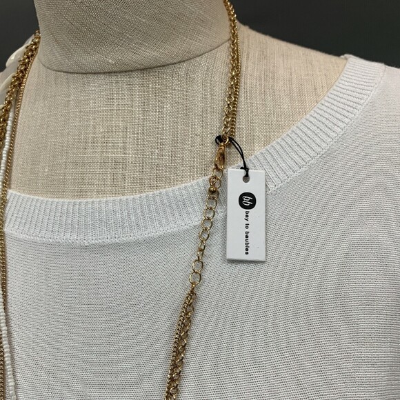 Bay to Baubles Long Necklace Rhionna Opal Fringe Gold-tone White Chains NWT - Picture 4 of 9